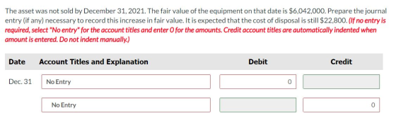 The asset was not sold by December 31, 2021. The fair value of the equipment on that date is $6,042,000. Prepare the journal