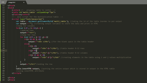 HomeworkLib.html 12 </head> <body> <center> <!-- aligning table to center --> <table id=multi table cellpadding=5px> </table></