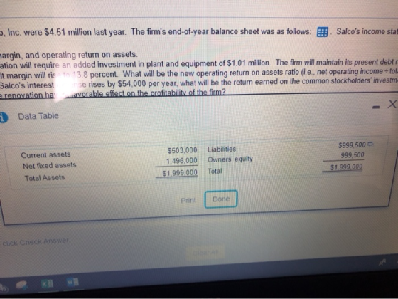 o, Inc. were $4.51 million last year. The firms end-of-year balance sheet was as follows: Salcos income stat argin, and ope