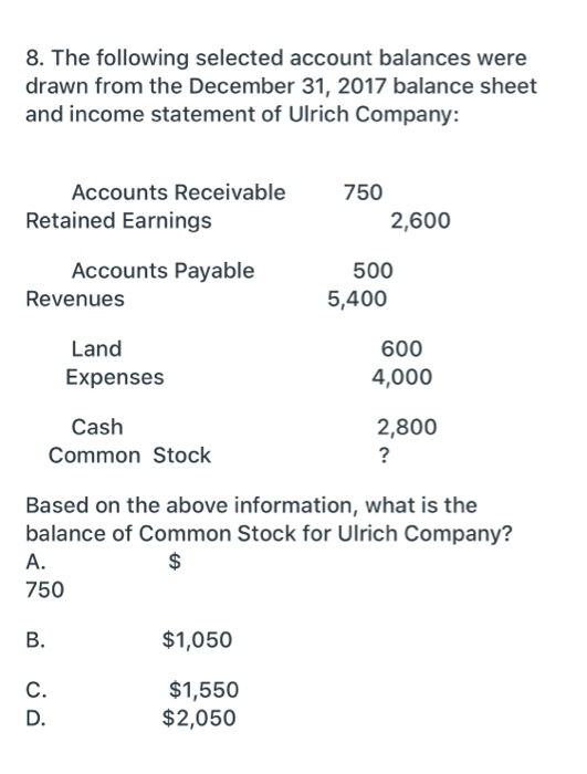 8. The following selected account balances were drawn from the December 31, 2017 balance sheet and income statement of Ulrich