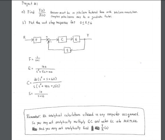 Preject o) Find Ys) Rls) pele /zeto factored forn wh polelzero cancella tran Answer must be in Complex poles zercs may be Zue