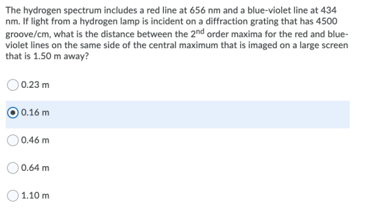 The hydrogen spectrum includes a red line at 656 nm and a blue-violet line at 434 nm. If light from a hydrogen lamp is incide