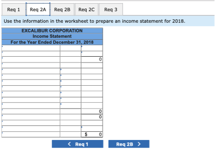 Req 1 Req 2A Req 2B Req 2CReq 3 Use the information in the worksheet to prepare an income statement for 2018 EXCALIBUR CORPORATION Income Statement For the Year Ended December 31, 2018 Req 1 Req 2B