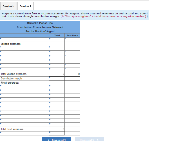 Required 1 Required 2 Prepare a contribution format income statement for August. Show costs and revenues on both a total and