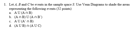 1. Let A, B and C be events in the sample space S. Use Venn Diagrams to shade the areas representing the following events (32