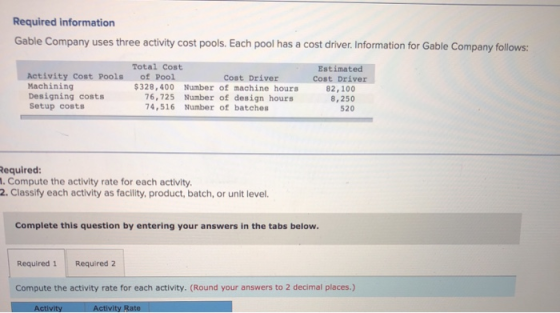 Required information Gable Company uses three activity cost pools. Each pool has a cost driver. Information for Gable Company