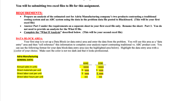 You will be submitting two excel files to Bb for this assignment. REQUIREMENTS: Prepare an analysis of the estimated cost for