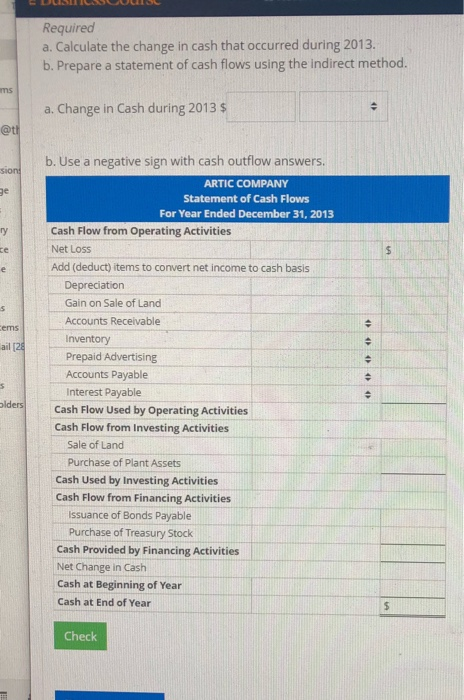 Required a. Calculate the change in cash that occurred during 2013. b. Prepare a statement of cash flows using the indirect m