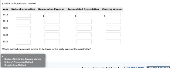 (3) Units-of-production method Year Units-of-production Depreciation Expense Accumulated Depreciation Carrying Amount 2018 $