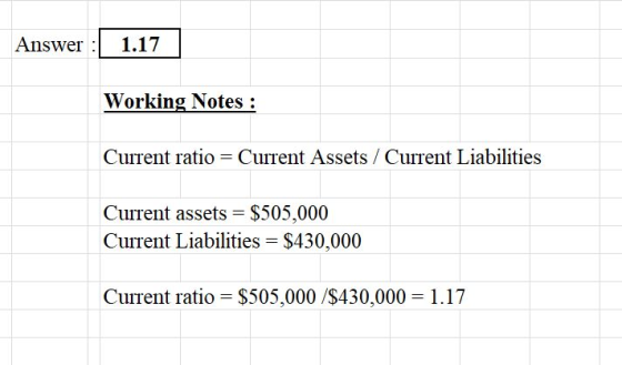 Answer 1.17 Working Notes Current ratio Current Assets / Current Liabilities Current assets $505,000 Current Liabilities - $430,000 Current ratio = $505,000 /$430,000 1.17