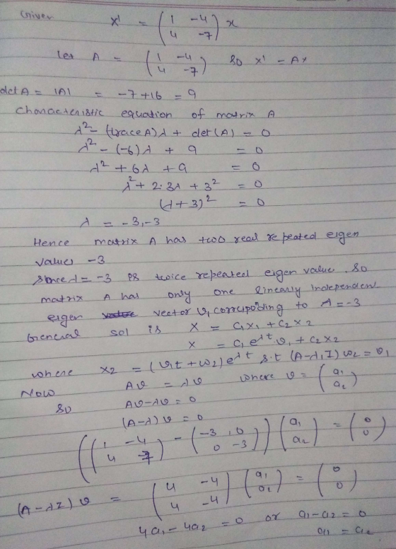 4 -71 les - (1 - sox- AX 4 - oooo det A - IAI - - 7+16 - 9 Chonacteristic equation of matrix A de trace A) At det (A) - 0 de