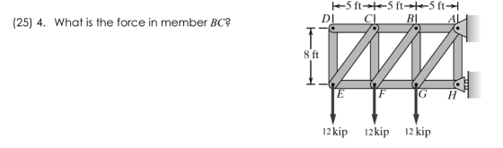 DlI Cl Bl (25) 4. What is the force in member BC? 8 ft G H 12kip 12kip 12 kip