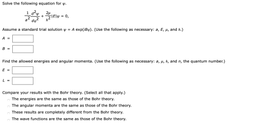 Solve the following equation for y. 2u 1 day a² dp² + Ażl Ely = 0, Assume a standard trial solution y = A exp(iBq). (Use the