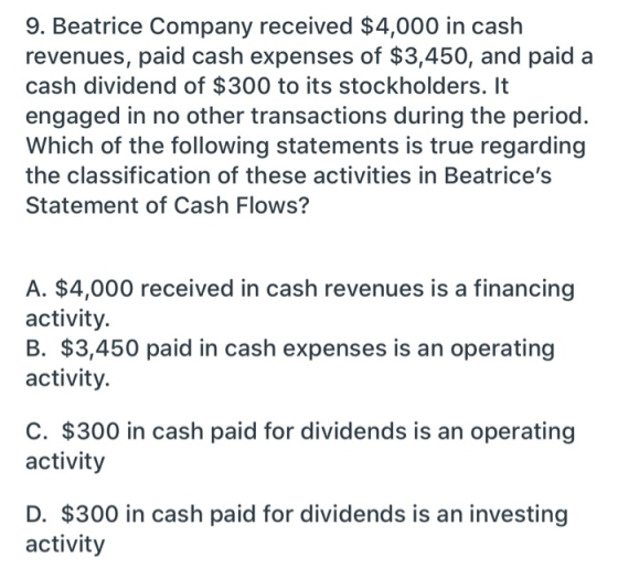 9. Beatrice Company received $4,000 in cash revenues, paid cash expenses of $3,450, and paid a cash dividend of $300 to its s