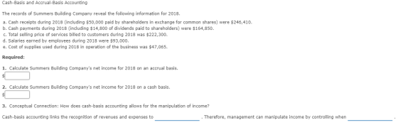 Cash-Basis and Accrual-Basis Accounting The records of Summers Building Company reveal the following information for 2018. a.