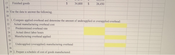 17 Finished goods $ 34,600 $ 26,450 18 19 Use the data to answer the following. 20 21 1. Compute applied overhead and determi