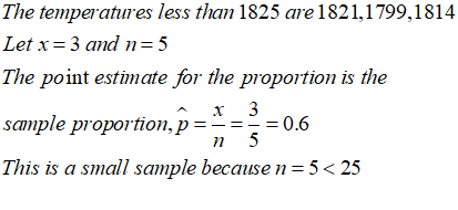The temperatures less than 1825 are 1821,1799,1814 Let x = 3 and n=5 The point estimate for the proportion is the sample prop