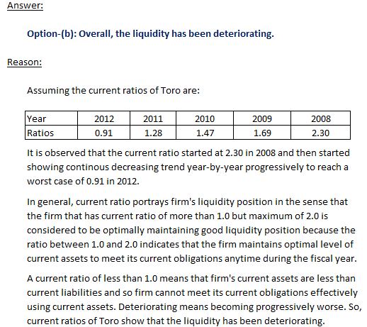 Answer: Option-(b): Overall, the liquidity has been deteriorating Reason Assuming the current ratios of Toro are Year Ratios It is observed that the current ratio started at 2.30 in 2008 and then started showing continous decreasing trend year-by-year progressively to reach a worst case of 0.91 in 2012. 2012 2011 1.28 2010 2009 2008 0.91 1.47 1.69 2.30 In general, current ratio portrays firms liquidity position in the sense that the firm that has current ratio of more than 1.0 but maximum of 2.0 is considered to be optimally maintaining good liquidity position because the ratio between 1.0 and 2.0 indicates that the firm maintains optimal level of current assets to meet its current obligations anytime during the fiscal year A current ratio of less than 1.0 means that firms current assets are less than current liabilities and so firm cannot meet its current obligations effectively using current assets. Deteriorating means becoming progressively worse. So current ratios of Toro show that the liquidity has been deteriorating