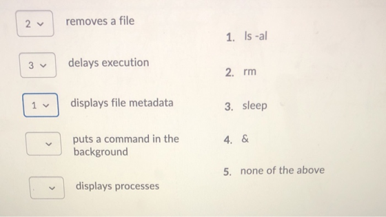 27 removes a file 1. Is -al delays execution 1 displays file metadata 3. sleep 4. & puts a command in the background 5. none