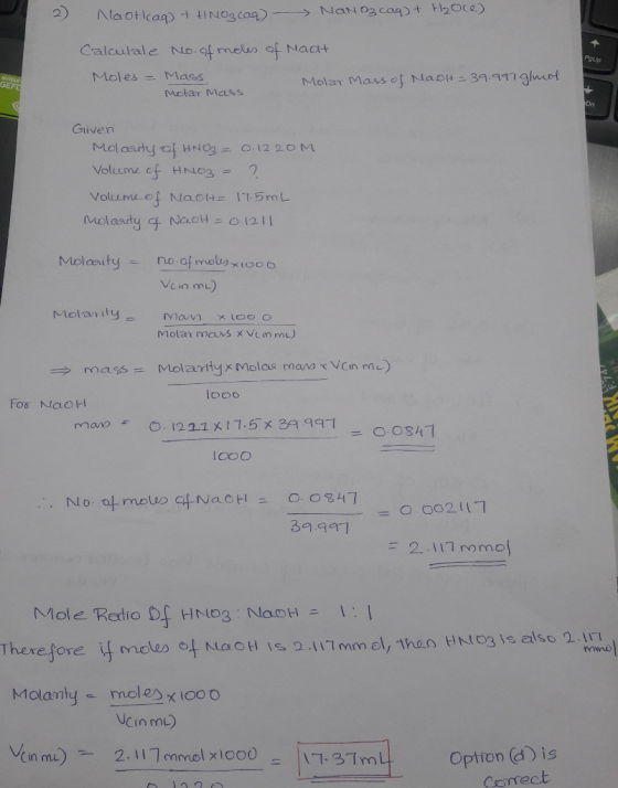 Naotlcag + HINO cag - Nanozcaq) + H2oce) Poup Calculale No. of moles of Naat Moles = Mass Molar Mass of NaOH = 39.997 glmof M