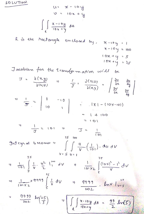 SOLUTION loy +y 10x + n x-loy da 10x + exty R is the rectangle enclosed by, - - 100 x-104 x-loy cort 4 on ty 1 On -25 Jacobia