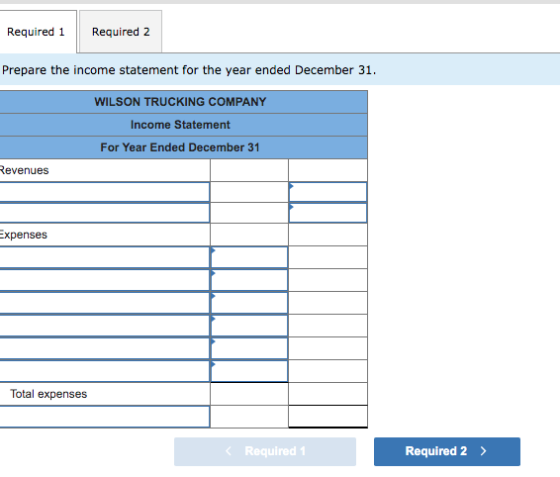 Required 1 Required 2 Prepare the income statement for the year ended December 31. WILSON TRUCKING COMPANY Income Statement F