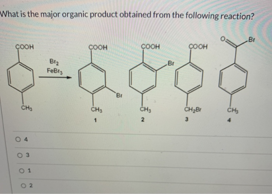 What is the major organic product obtained from the following reaction? Br ÇOOH COOH соон COOH Biz FeBig Br BI CH3 CH3 CH3 2