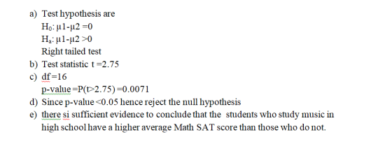 a) Test hypothesis are Ho: ul-u2 =0 H:ul-u2 >0 Right tailed test b) Test statistic t =2.75 c) df=16 p-value =P(t>2.75)=0.0071