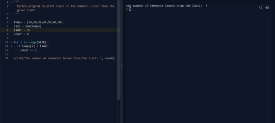 2 The number of elements lesser than the limit: 5 Python program to print count of the numbers lesser than the given limit 3