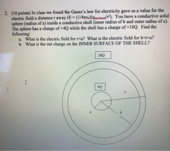 2. (10 points) In class we found the Gausss law for electricity gave us a value for the electric field a distance r away (E
