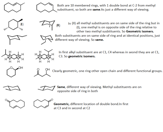 Both are 10 membered rings, with 1 double bond at C-2 from methyl substituent, so both are same.lts just a different way of viewing In ) all methyl substituents are on same side of the ring but in (I), one methyl is on opposite side of the ring relative to other two methyl susbtituents. So Geometric isomers. Both substituents are on same side of ring and at identical positions, just different way of viewing. So same. In first alkyl substituent are at C1, C4 whereas in seond they are at C1, C3. So geometric isomers. НН НН O OH Clearly geometric, one ring other open chain and different functional groups Same, different way of viewing. Methyl substituents are on opposite side of ring in both Geometric, different location of double bond.In first at C3 and in second at C2