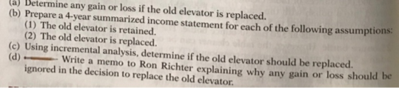 (a) Determine any gain or loss if the old elevator is replaced. (b) Prepare a 4-year summarized income statement for each of