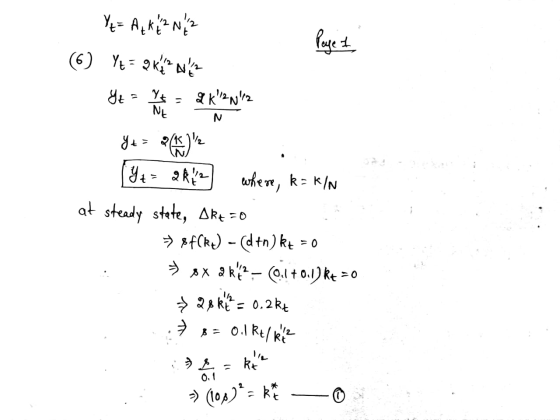 Y+= Azki z 2 (6) Y= 9KA NA Get a real estate inte Y+= 2 2 1 2] where, k = k/N at steady state, Akt zo → $f (Rt) - (d tn) kt =
