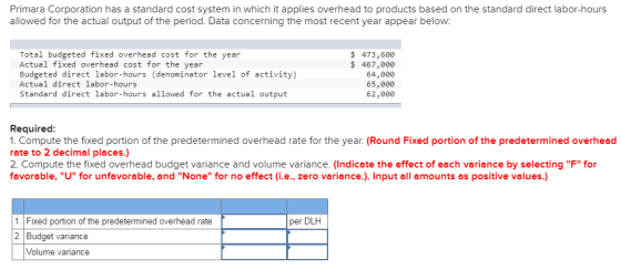 Primara Corporation has a standard cost system in which it applies overhead to products based on the standard direct labor-ho