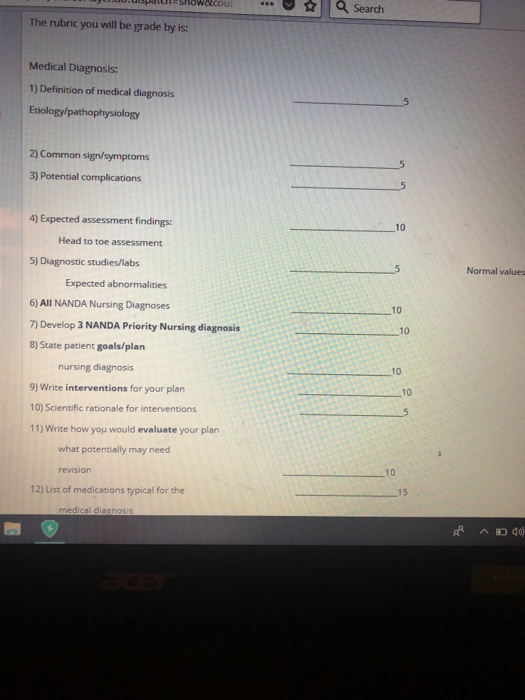 SWourSearh The rubric you will be grade by is: Medical Diagnosis: 1) Definition of medical diagnosis Etiology/pathophysiology 2) Common sign/symptoms 3) Potential complications 4) Expected assessment findings: 10 Head to toe assessment 5) Diagnostic studies/labs Normal values Expected abnormalities 10 6) All NANDA Nursing Diagnoses 7) Develop 3 NANDA Priority Nursing diagnosis 8) State patient goals/plan 10 10 nursing diagnosis 10 9) Write interventions for your plan 10) Scientific rationale for interventions 11) Write how you would evaluate your plan what potentially may need 10 revision 15 12) List of medications typical for the