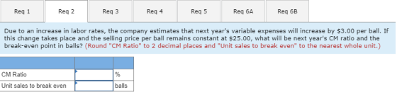 Reg 1 Reg 2 Reg 3 Reg 4 Reg 5 Req 6A Reg 6B Due to an increase in labor rates, the company estimates that next years variabl