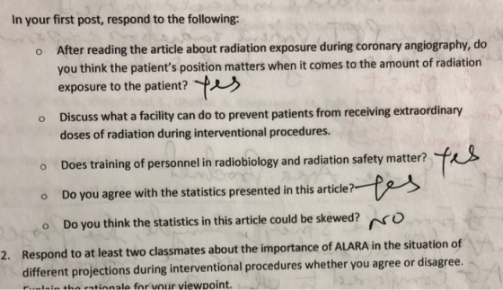 In your first post, respond to the following: O After reading the article about radiation exposure during coronary angiograph
