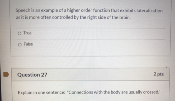 Speech is an example of a higher order function that exhibits lateralization as it is more often controlled by the right side