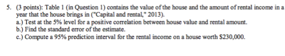 5. (3 points): Table 1 (in Question 1) contains the value of the house and the amount of rental income in a year that the hou