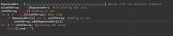 RepeatedArr = 12,2,2,1,1,1,1,1,1,1,1,2,2,1,2,1,2,1,1,2,1,1,1,1,1] #array with two distinct elements SizeofArray = len(Repeate
