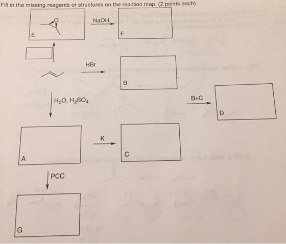 Fill in the missing reagents or structures on the reaction map. (2 points each) NaOH HBr H2O, H2SO4 B+C | РСС