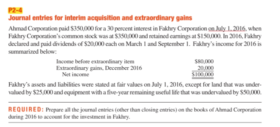 P2-4 Journal entries for interim acquisition and extraordinary gains Ahmad Corporation paid $350,000 for a 30 percent interes