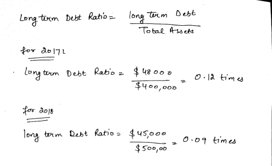 Long term Debt Ratio a long term Debt Total Assets for 20171 Long term Debt Ratio a $48000 . $400,000 2 0.12 times for 2018 l