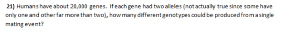 21) Humans have about 20,000 genes. If each gene had two alleles (not actually true since some have only one and otherfar mor
