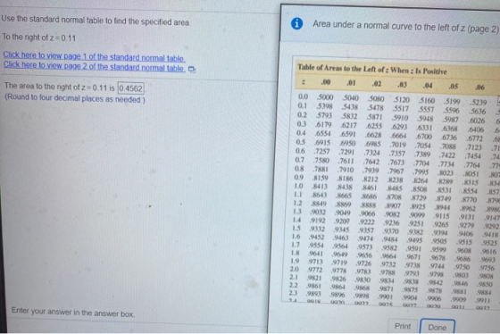 Use the standard normal table to find the specified area. 0 Area under a normal curve to the left of 2 (page 2) To the right