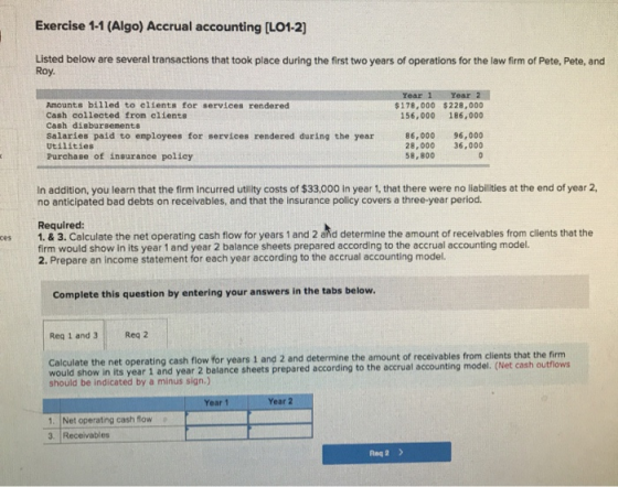 Exercise 1-1 (Algo) Accrual accounting (L01-2) Listed below are several transactions that took place during the first two yea