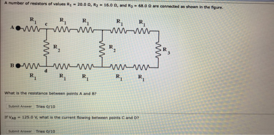 A number of resistors of values R1 = 20.0 2, R2 - 16.0 2, and R3 - 68.0 2 are connected as shown in the figure. R, sorrir un