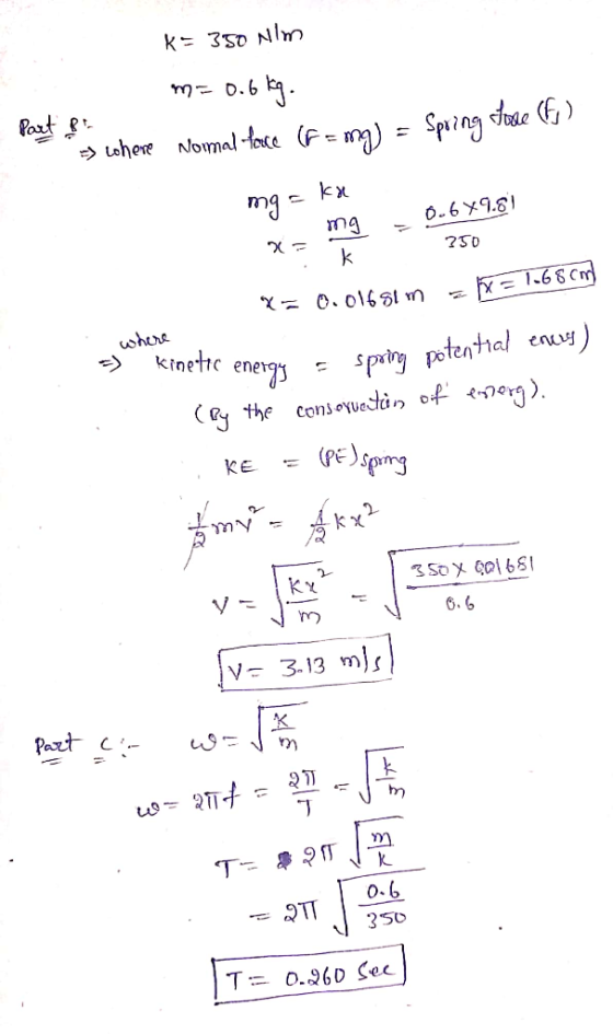 K= 350 Nim m=0.6kg. -> where Normal -face (r = mg) = Spring towe (6) mg = kx mg = 0.6x9.81 2= K 750 x = 0.01681m = F = 1.68 c