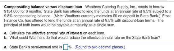 Compensating balance versus discount loan Weathers Catering Supply, Inc., needs to borrow $154,000 for 6 months. State Bank h