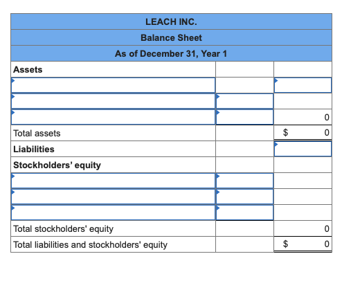 LEACH INC. Balance Sheet As of December 31, Year 1 Assets 0 0 Total assets Liabilities Stockholders equity Total stockholder